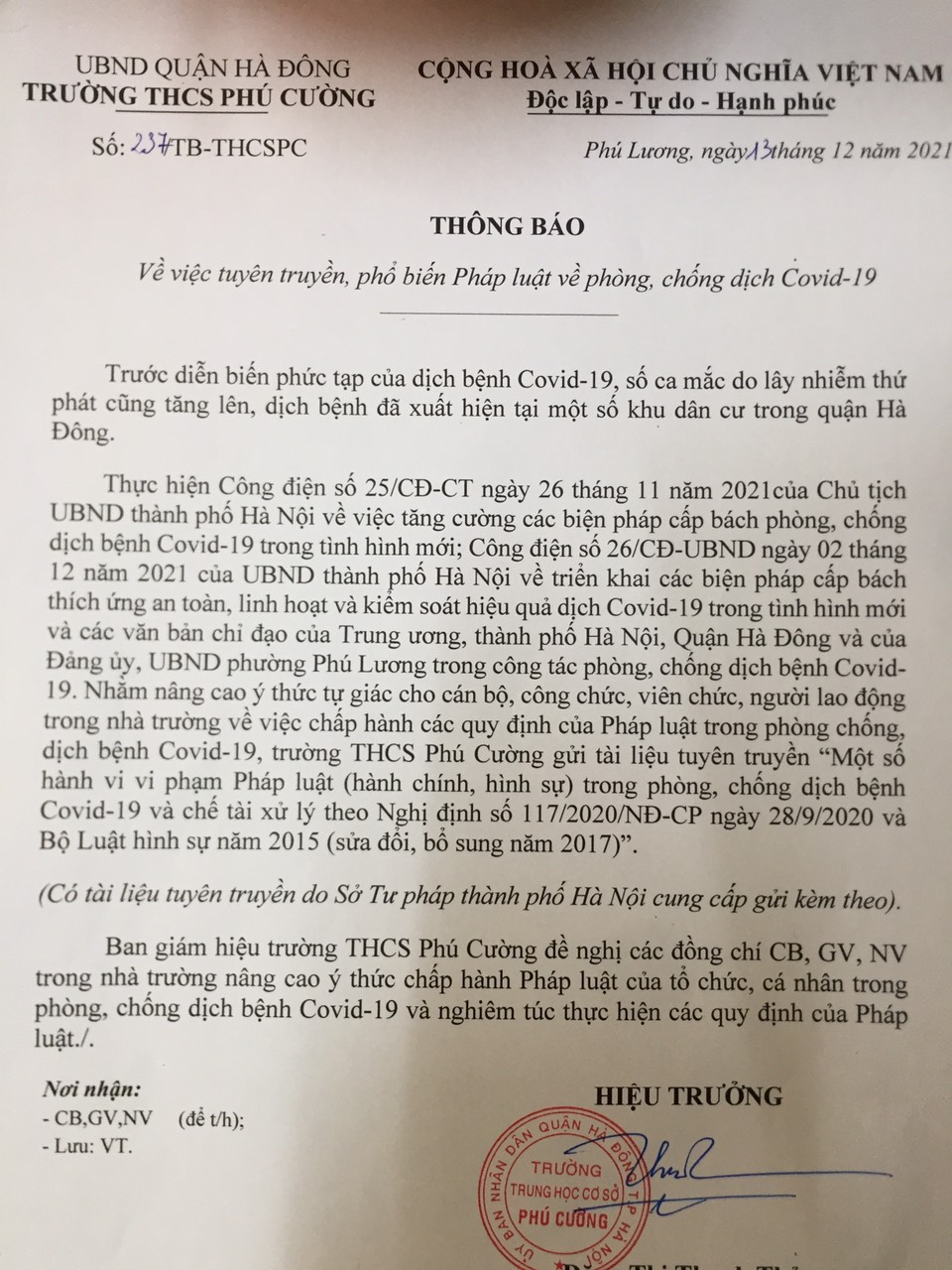 TB triển khai pl phòng chống Covid 19