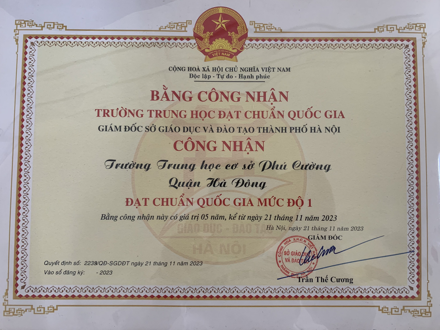 QUYẾT ĐỊNH CÔNG NHẬN  TRƯỜNG THCS PHÚ CƯỜNG - QUẬN HÀ ĐÔNG ĐẠT KIỂM ĐỊNH CHẤT LƯỢNG CẤP ĐỘ 2 VÀ ĐẠT CHUẨN QUỐC GIA MỨC ĐỘ 1.